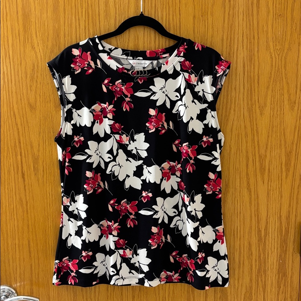 Liz Claiborne Black and White Floral Blouse with Pink Accents